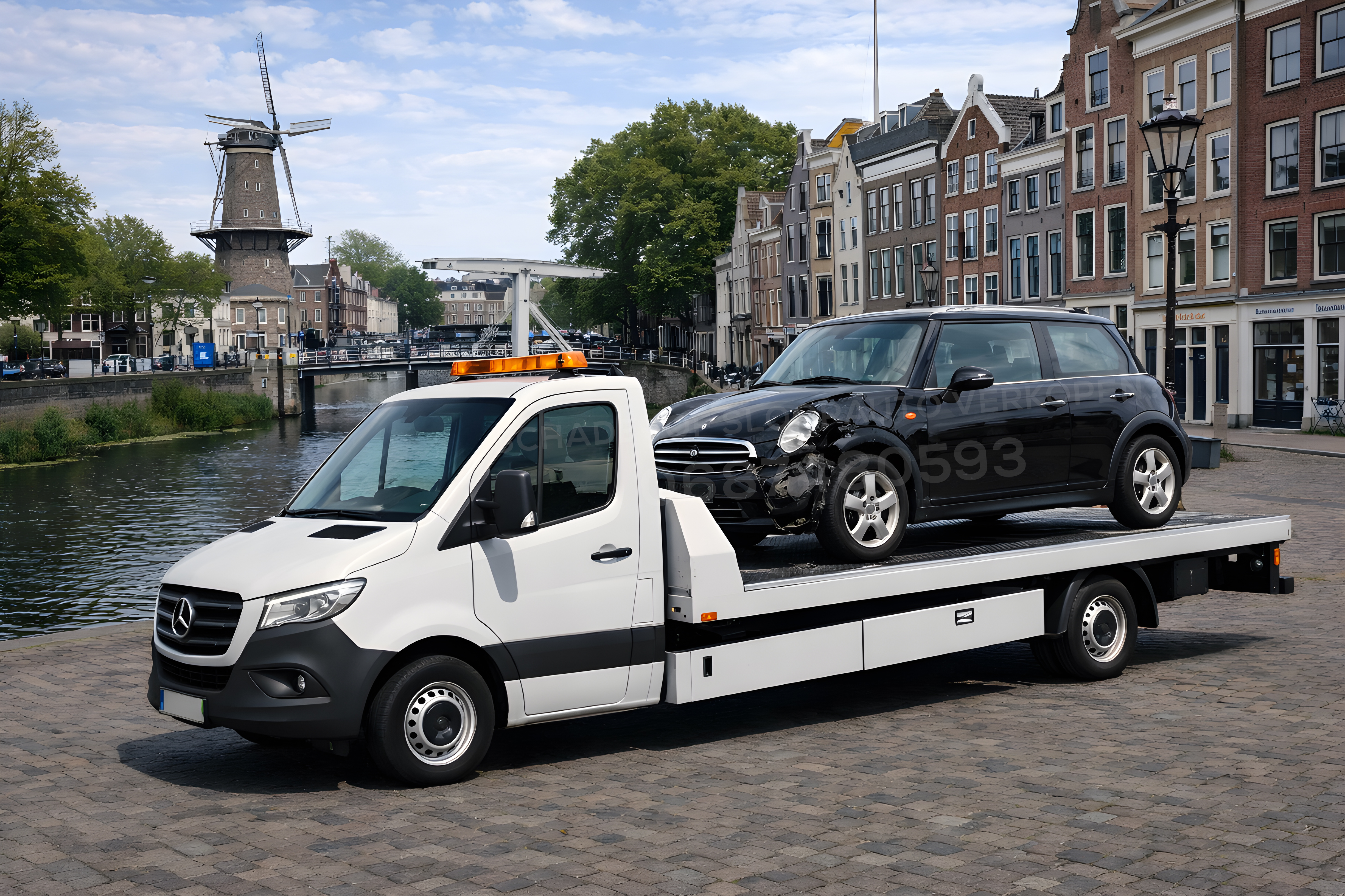 Inkoop.autos - Professionele auto recycling faciliteit met takelwagen en voertuigen op laadplatform